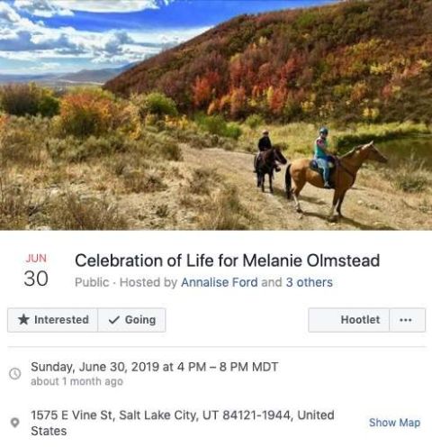 Celebration of Life for Melanie Olmstead Facebook Event Screenshot. 