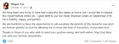 Megan Fox Reveals about Noah's Birth.