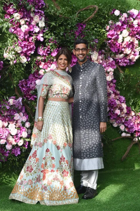 Sundar Pichai and Anjali Pichai at Akash Ambani's Wedding.